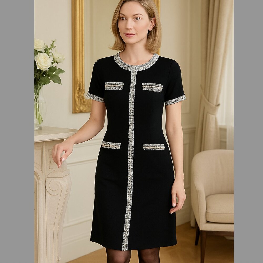 SALE NEW Studio Eleven Black Dress Tweed Details Short sleeve Mini Dress S